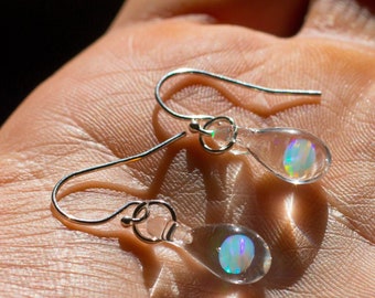 Hand Blown Glass Earrings - Opal Earrings Dangle - Glass Jewelry - Lampwork Teardrop Earring - Clear Glass Opal Earring