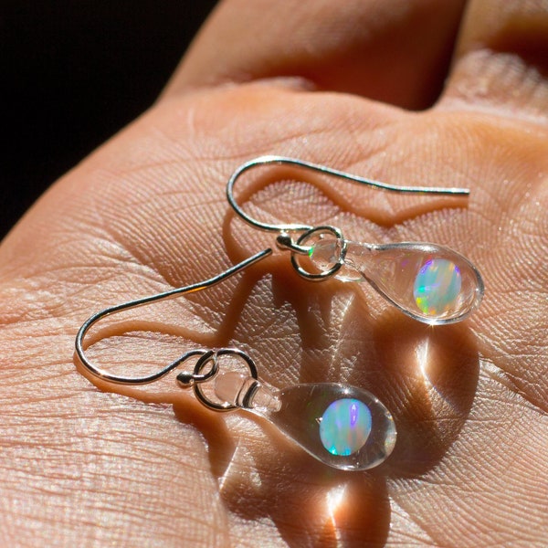 Hand Blown Glass Earrings - Opal Earrings Dangle - Glass Jewelry - Lampwork Teardrop Earring - Minimalist Earrings