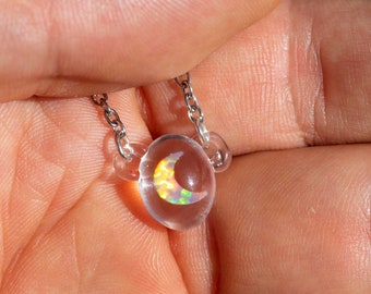 Heart Glass Pendant with Opal - Christmas Gift Necklace  - Glass Teardrop - Blown Glass Pendant Necklace - Moon Opal Shape