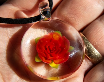 Blown Glass Rose Pendant Necklace - Red Rose Necklace - Glass Red Flower Pendant - Lampwork Jewelry - Stocking Stuffer for Mom