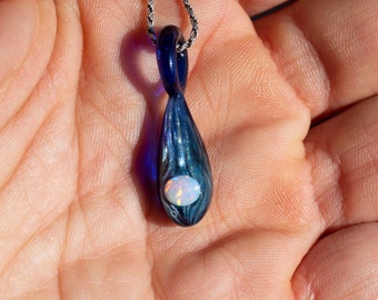 Blown Glass Galaxy Moon Pendant With Opal - Spiral Pendant Mens - Cosmic Art - Stocking Stuffer for Women for Men