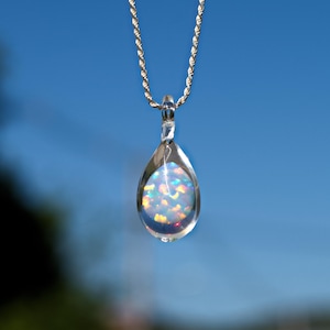 Glass Pendant with Pear Opal - Christmas Day Gift Necklace  - Glass Teardrop - Blown Glass Pendant Necklace - Opal Necklace for Her