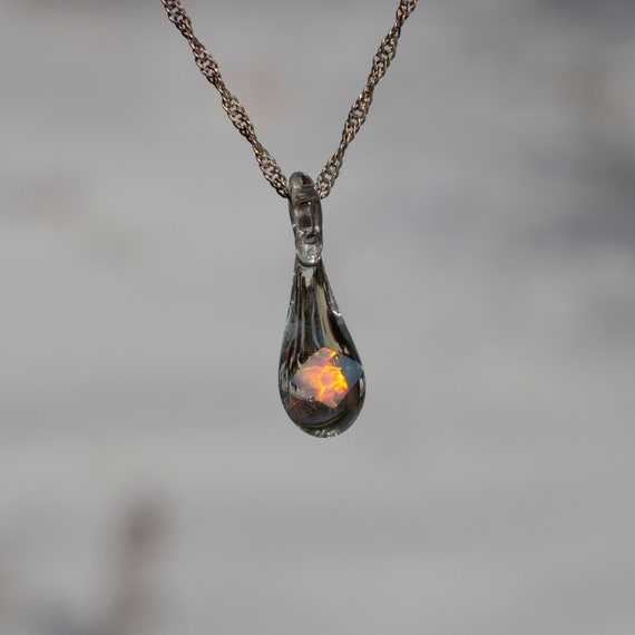 Square Opal Necklace Blown Glass Jewelry Glass Teardrop Necklace Blown Glass Pendant Necklace Floating Opal Necklace Etsy Canada