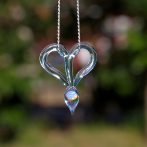 Heart Glass Pendant with Opal - Mystical Jewelry - Glass Teardrop Necklace - Blown Glass Pendant Necklace - Heart Shaped Glass