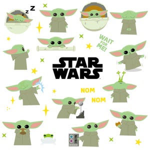 以下が含まれることがあります： スター・ウォーズのキャラクター、グローグー（ベイビーヨーダとしても知られる）の漫画の画像コレクション。画像は様々なポーズのグローグー、スター・ウォーズのロゴ、そして「Wait for me!」と「Nom Nom」の文字を表示しています。