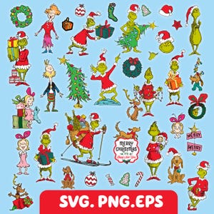 Peut inclure: Une collection d'illustrations numériques représentant le personnage vert Grinch, une jeune fille et un chien dans diverses poses sur le thème de Noël, incluant des cadeaux, des sapins et du ski, avec le texte Merry Christmas and Happy New Year.