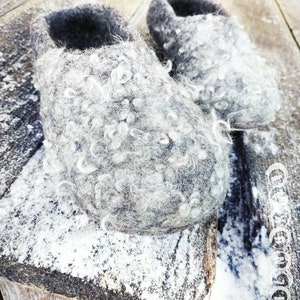 Wool felt slippers, natural eco gray wool , woolen clogs , latex  + leather soles