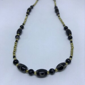 Tibetan Agate DZI protective bead Necklace with Brass, Banded Agate, and Onyx 28&quot;