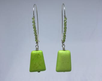 Sterling Silver Wire Wrapped Earring With Faceted Peridot and Lime Green Jade!