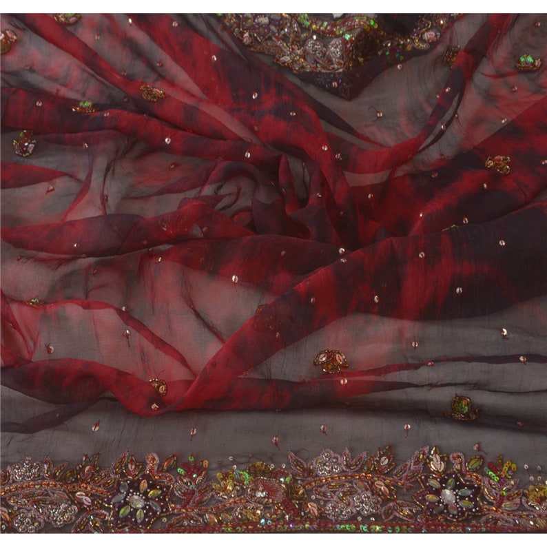 Dye KK Vintage Dupatta Long Stole Pure Chiffon Silk Red Hand Beaded Tie