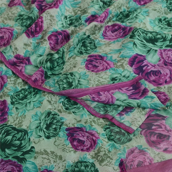 KreatvKraft Vintage Saree Blend Crepe Green & Pink  Digital Printed Saree 6Yd Craft Fabric For Crafting, Upcycling, or Even Wearing