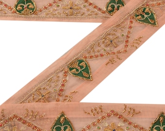 KreatvKraft Vintage Sari/Sarees Border Hand Beaded 1 Yd Indian Trim Sewing Peach Zari Lace Chiffon Silk