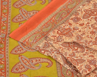 KreatvKraft Vintage Sari 100% Pure Cotton Sarees Indian Orange Printed 5Yd Craft Fabric