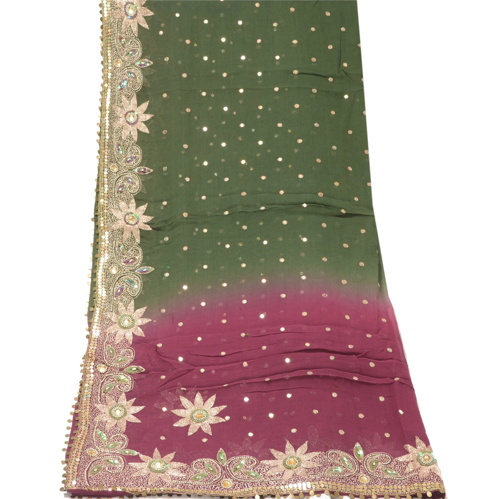 Vintage Dupatta Blend Chiffon Green Long Stole Sequins Embroidered Scarves
