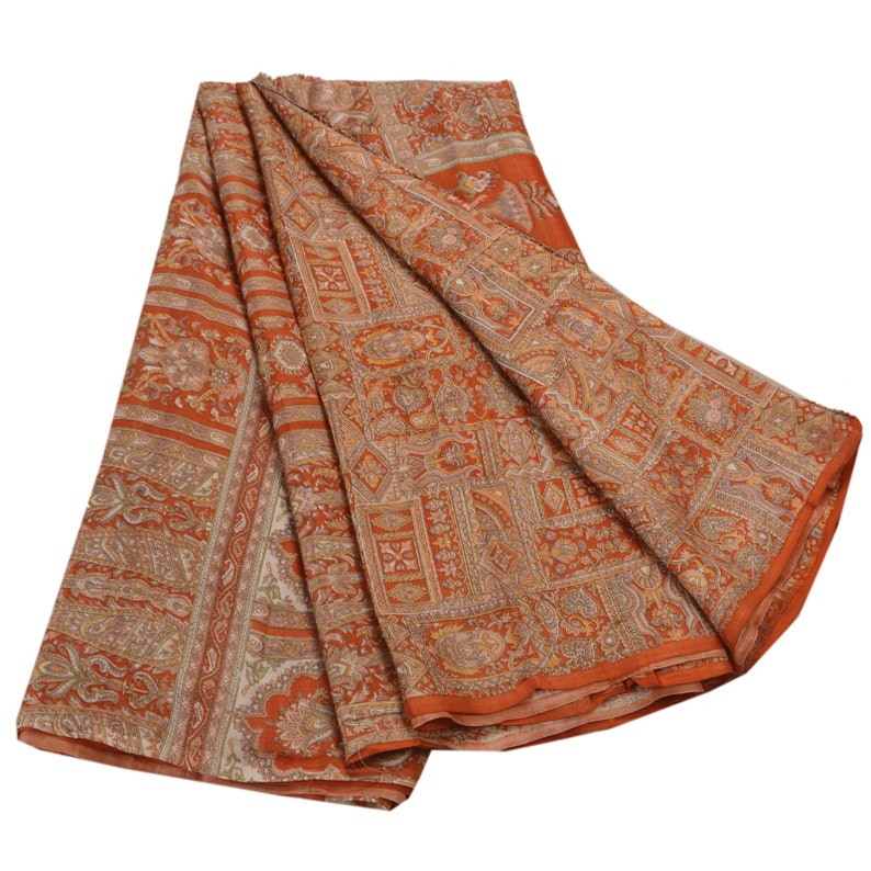 Vintage Sari 100/% Pure Silk Orange Sarees Printed Indian 6 yard Craft Fabric