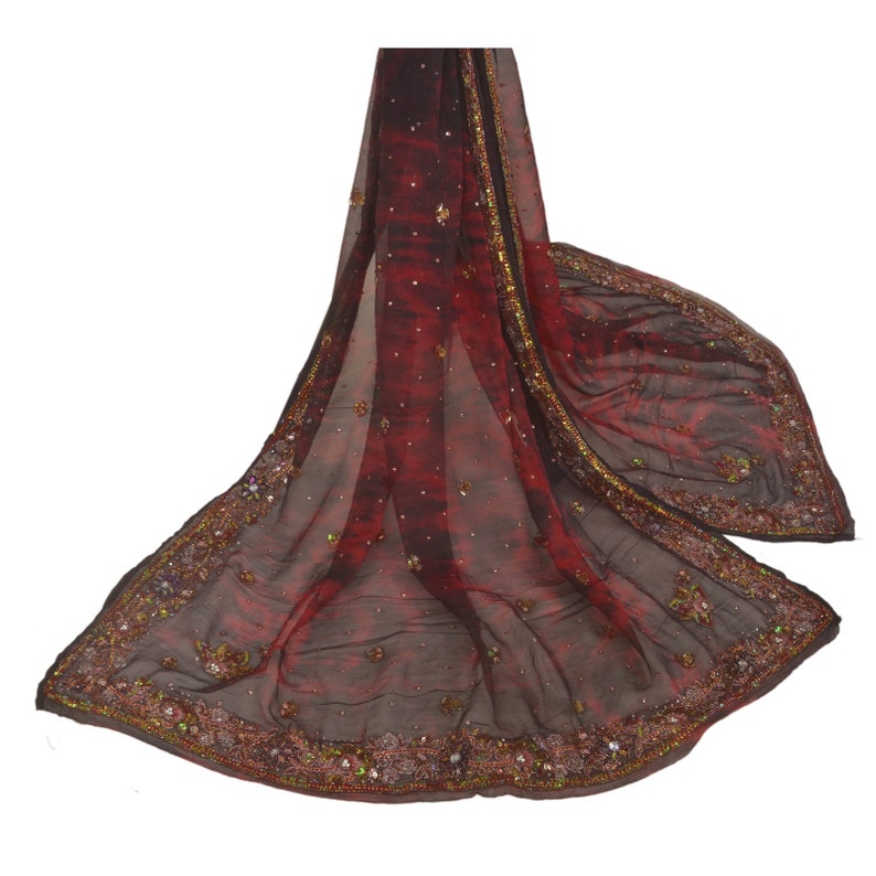 Dye KK Vintage Dupatta Long Stole Pure Chiffon Silk Red Hand Beaded Tie