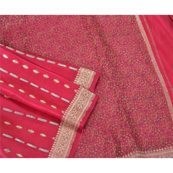 KreatvKraft Vintage Sari 100% Pure Satin Silk Pink Sarees Woven Brocade/Banarasi 5yd Craft Fabric