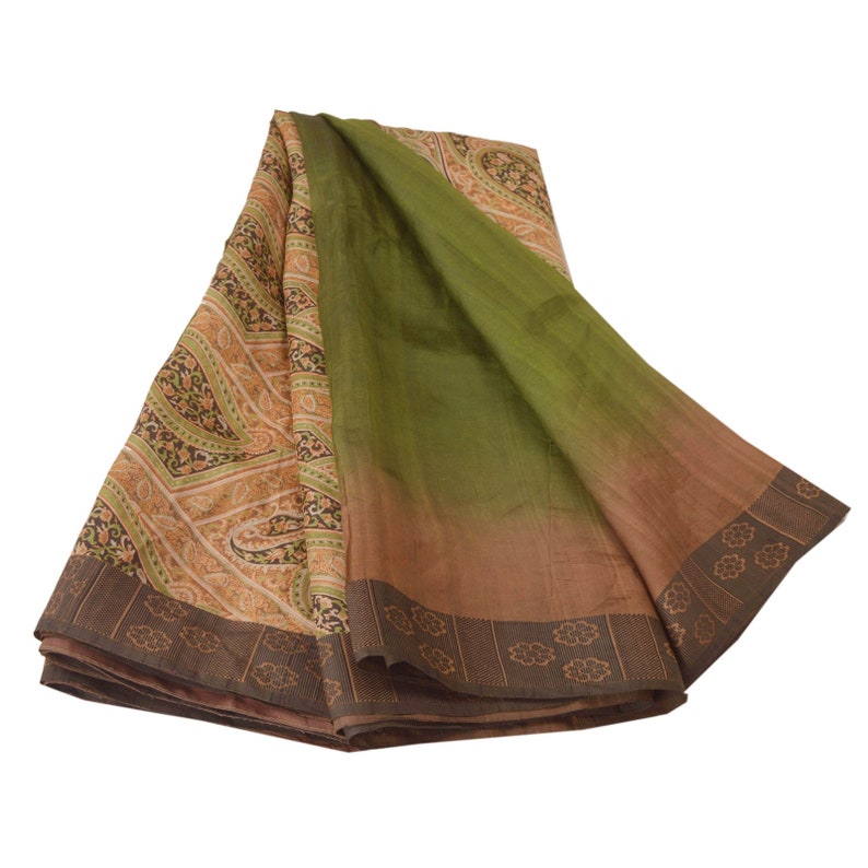 Vintage Sari 100/% Pure Silk Green Printed Sarees Floral 5 Yd Craft Fabric