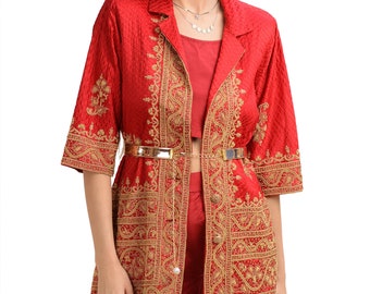 Red Satin Silk Blazer, Hand Embroidered Zardozi Floral Upcycled Jacket