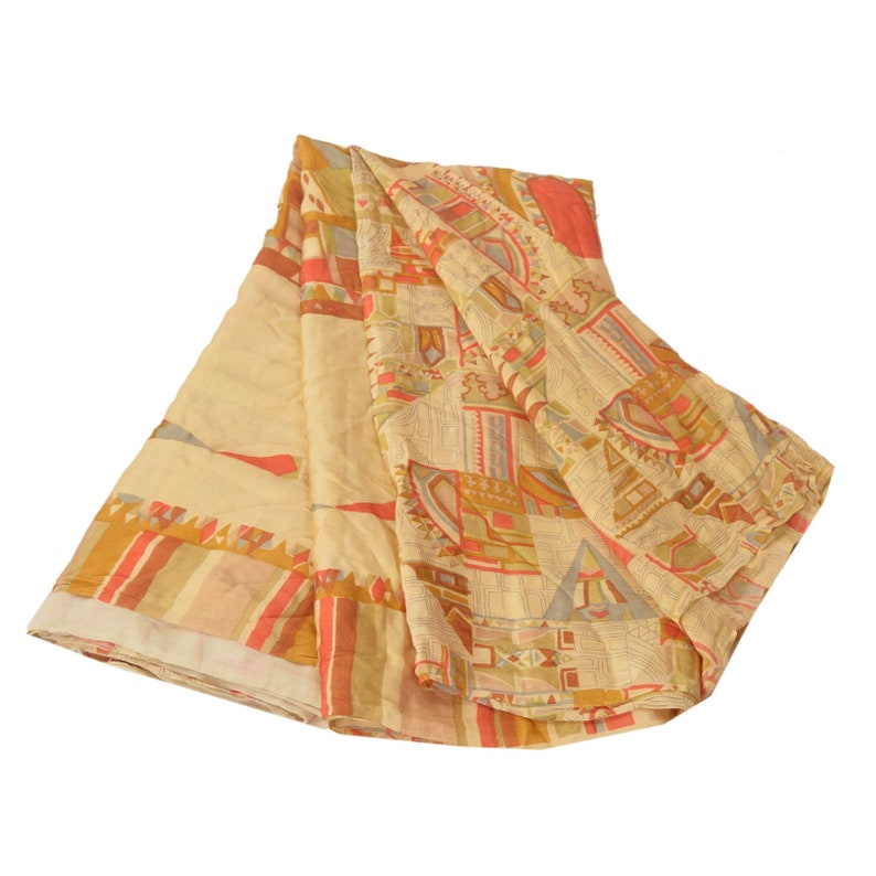Vintage Sari 100/% Pure Silk Cream Sarees Printed Craft 5 Yard Decor Fabric