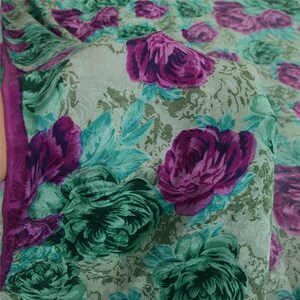 Vintage Saree Blend Crepe Green & Pink Digital Printed Saree 6Yd Craft Fabric For Crafting, Upcycling, or Even Wearing KreatvKraft image 3