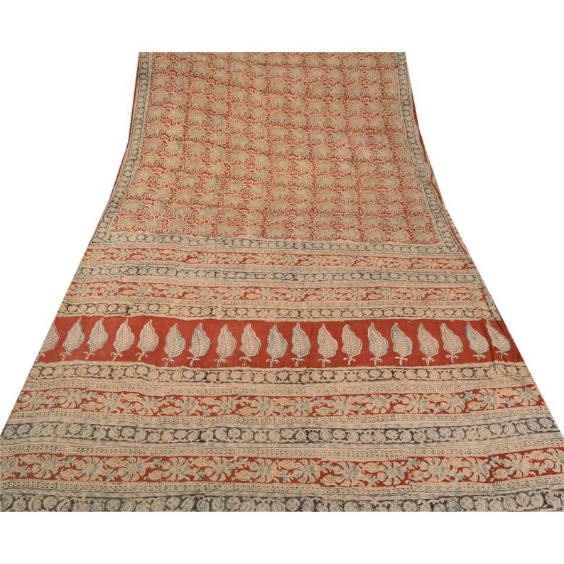KK Vintage Red Heavy Saree 100/% Pure Cotton Fabric Block Print Kalamkari Sari 5 Yard
