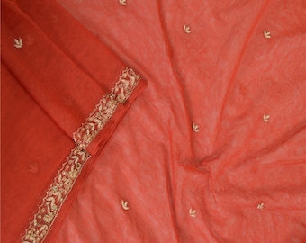 KreatvKraft Vintage Brick Red Long Dupatta Stole Net Mesh Hand Beaded Scarves