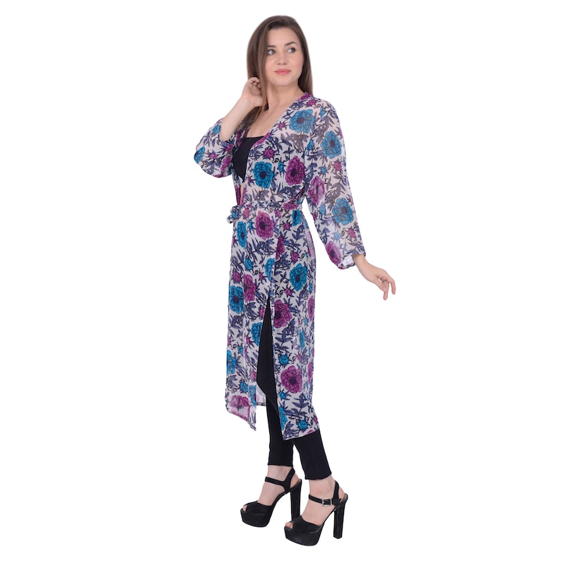 100/% Pure Georgette White Floral Printed Long Shrug CasualBeach Wear