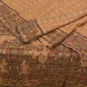 Printed Tussar Silk Saree Fabric: Brown Floral Woven Sari - 6 Yards Women Dressing By KreatvKraft Add-Elegance to Table Linen, Curtains