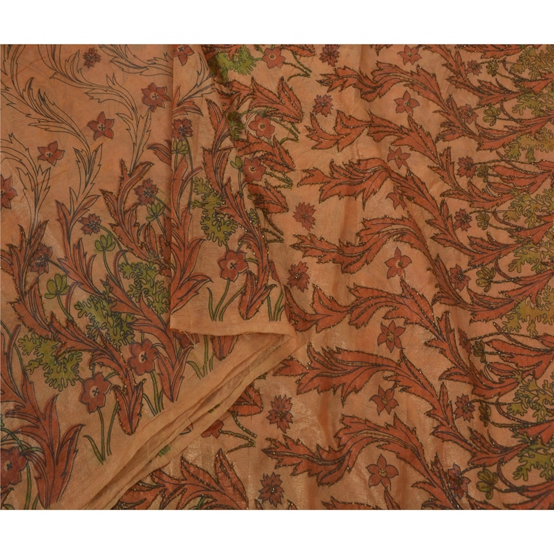 KK Vintage Multicolor Saree Art Silk Hand Beads Craft Premium Sari Fabric 5 Yard