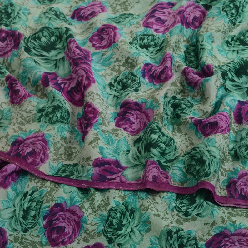 Vintage Saree Blend Crepe Green & Pink Digital Printed Saree 6Yd Craft Fabric For Crafting, Upcycling, or Even Wearing KreatvKraft image 10