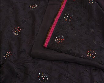 KreatvKraft Vintage Sari 100% Pure Crepe Silk Sarees Brown Tie-Dye Hand Beads 5yd Craft Fabric