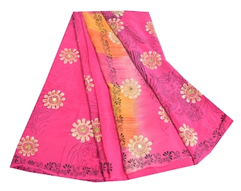 Vintage Sari 100% Pure Crepe Silk Sarees Pink Embroidery Printed 5yd Craft FabricBy KreatvKraft