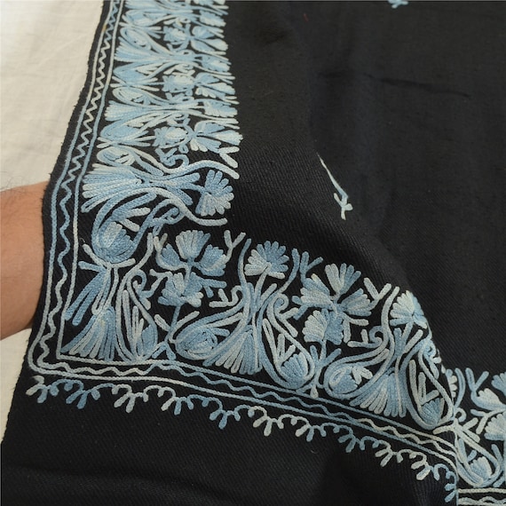 KreatvKraft ヴィンテージ ブラック ロング ウール ショール 手刺繍 