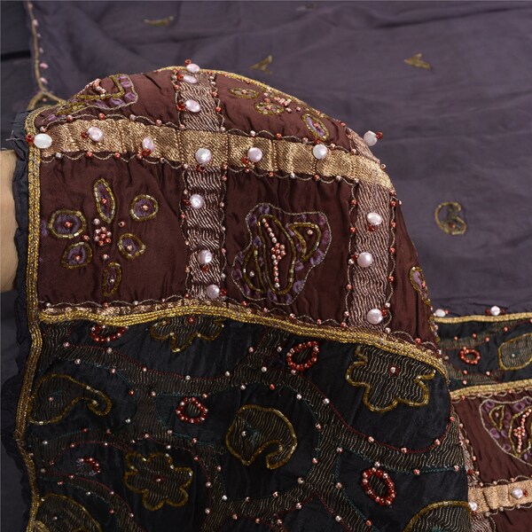 KreatvKraft Vintage Sari 100% Pure Silk Sarees Hand Beaded Black Premium 5yd Craft Fabric