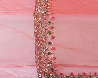 KreatvKraft Vintage Long Dupatta Red Net Mesh Indian Wedding Hand Beaded Stole Scarf Veil