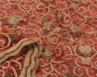 KreatvKraft Vintage Dark Red Designer Long Dupatta Stole Net Mesh Hand Beaded Zari Sequins Veil  Indian Craft Supplies Fabric