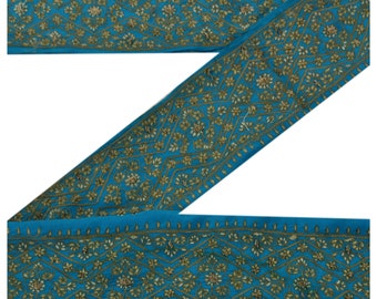 KreatvKraft Vintage Sarees/Sari Border Hand Embroidered 1 Yd Indian Trim Sewing Blue Lace Crepe Silk Zardozi
