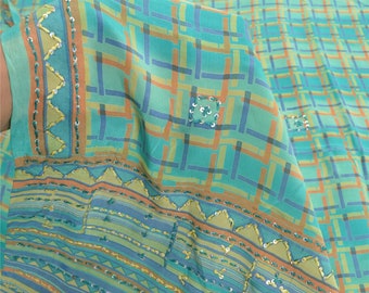 KreatvKraft Vintage Sari 100% Pure Crepe Silk Sky Blue Sarees Printed 5yd Craft Fabric