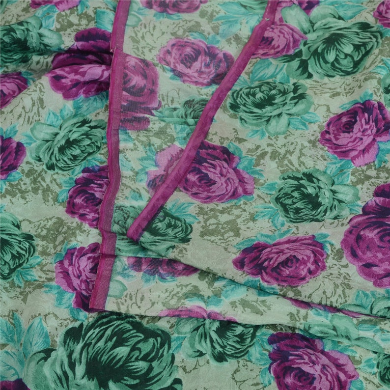 Vintage Saree Blend Crepe Green & Pink Digital Printed Saree 6Yd Craft Fabric For Crafting, Upcycling, or Even Wearing KreatvKraft image 6
