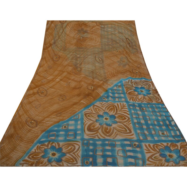 KK Vintage Brown Saree Blend Georgette Hand Beaded Craft 5 Yd Fabric Sari