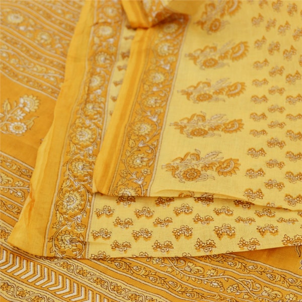 Indian Vintage Sari Yellow & Pink Printed Pure Cotton Sarees Craft Fabric 5Yd Soft Sewing Sarong Wrap Boho Floral Quilting Dress making main image 1