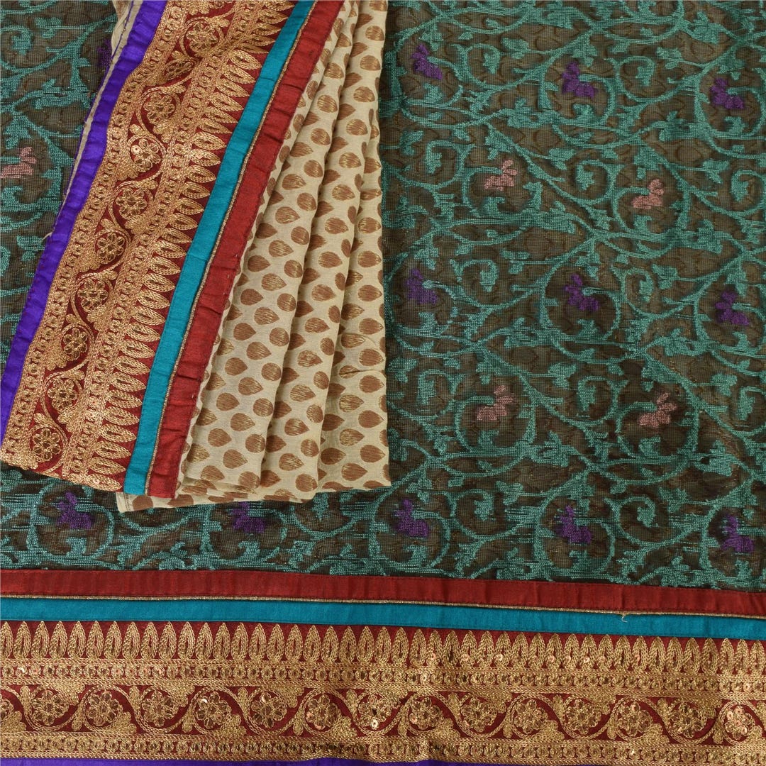 Kreatvkraft Vintage Saree 100% Pure Chanderi Silk Net Mesh Ivory ...