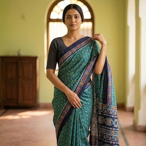 Ikat Printed 100% Pure Cotton Vintage Saree Green-Blue Daily Wear Sari 5+Yard Craft Fabric Supllies Sewing, Indian Textile By KreatvKraft