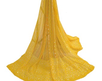 KreatvKraft Vintage Dupatta Long Stole Pure Georgette Silk Yellow Beaded Bandhani