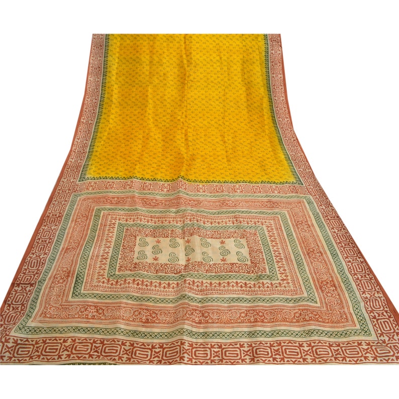 Vintage Sari 100/% Pure Silk Yellow Sarees Printed Decor 5Yd Craft Fabric