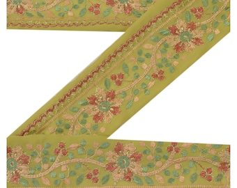 KreatvKraft Vintage Sarees/ Sari Border Embroidered 1 Yd Trim Sewing Green Craft Floral Lace Georgette