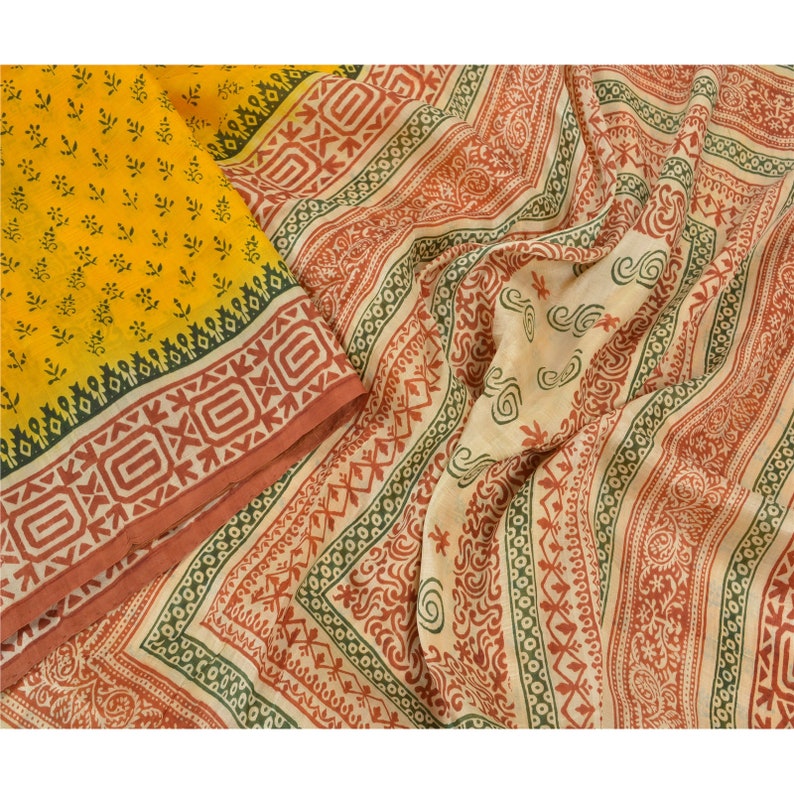 Vintage Sari 100/% Pure Silk Yellow Sarees Printed Decor 5Yd Craft Fabric
