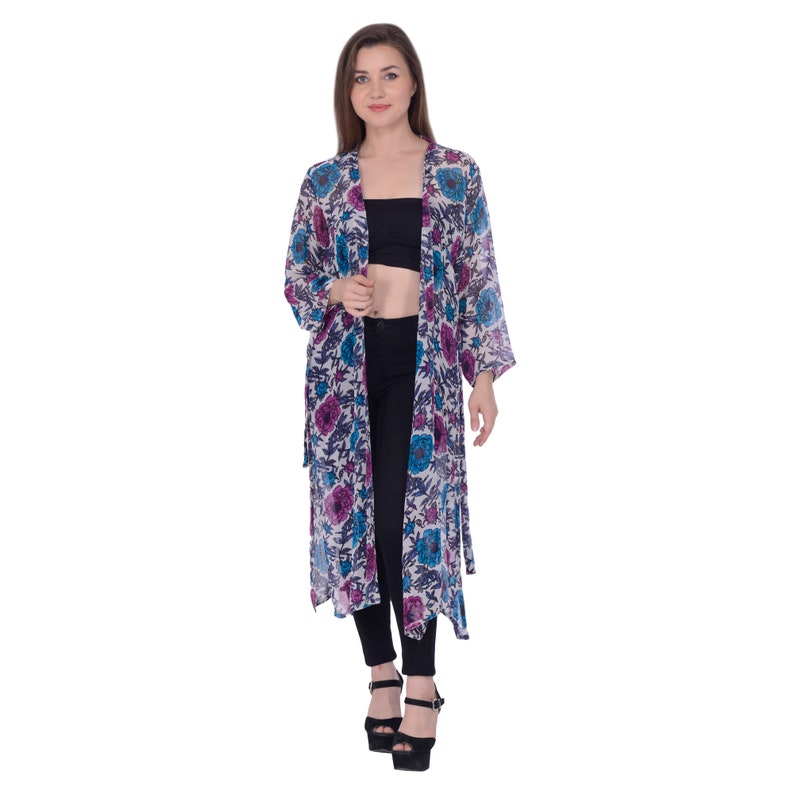 100/% Pure Georgette White Floral Printed Long Shrug CasualBeach Wear