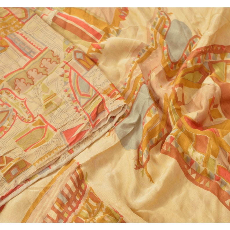 Vintage Sari 100/% Pure Silk Cream Sarees Printed Craft 5 Yard Decor Fabric